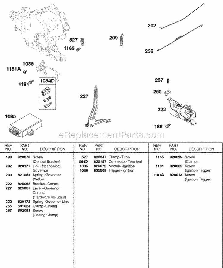 Springs Control Bracket Ignition Module Diagram and Parts List for 581447-0375-E2  Briggs and Stratton Engine